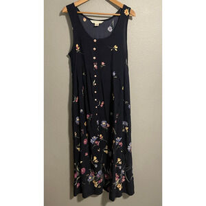 Vintage Express Dress Womens XS Navy Floral Button Front Maxi Cottagecore 90s